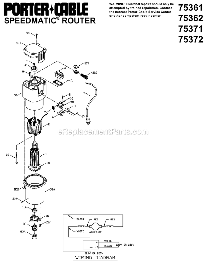 Porter Cable 75372 (Type 1) Router Motor Power Tool Page A Diagram